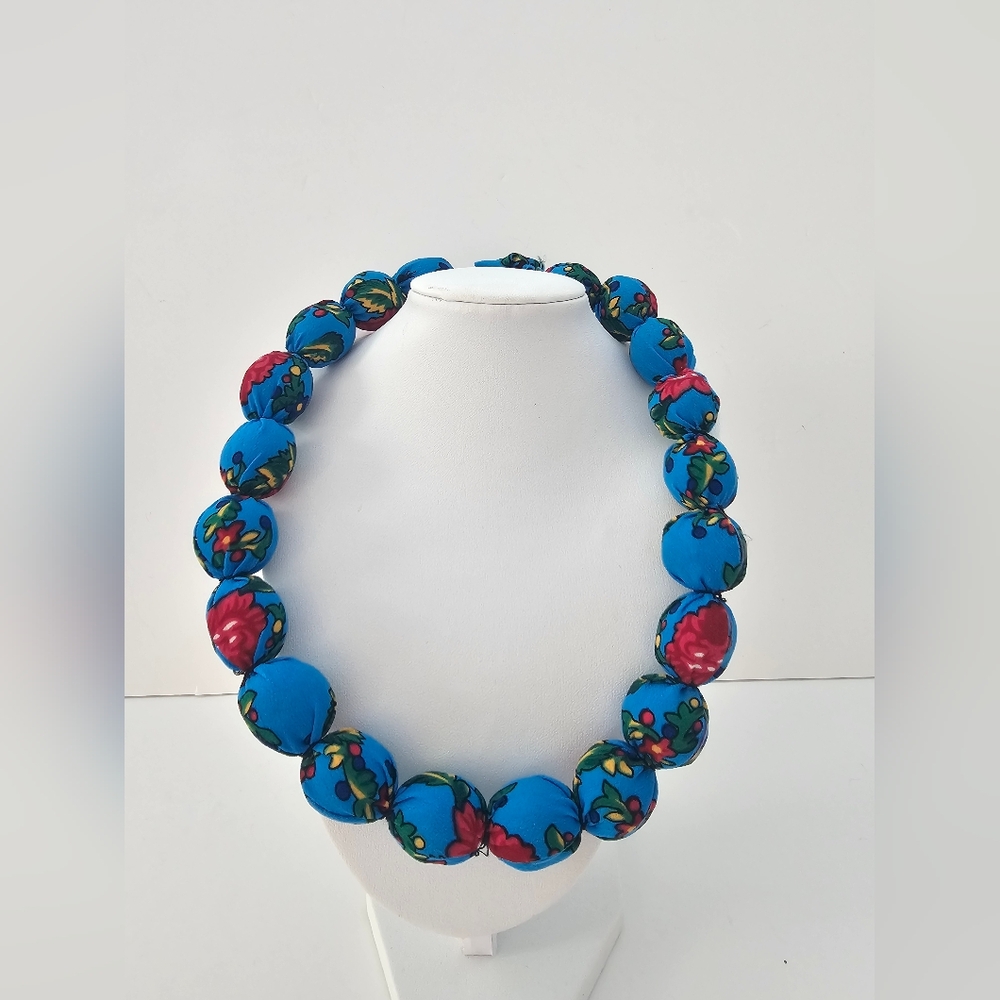 Authentic Polish Folk Art Fabric Covered Bead Necklace Blue Floral Chokerโ